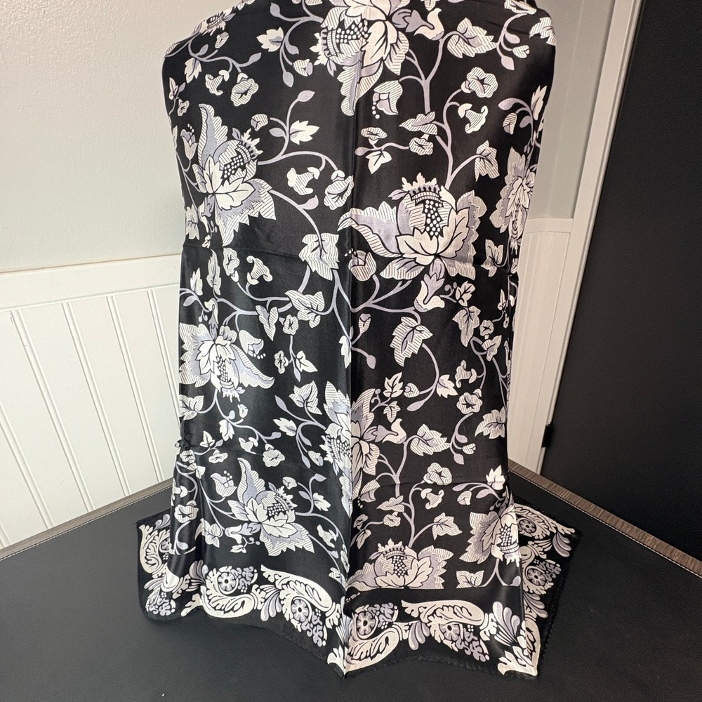 Diane von Furstenberg Vintage Silk Scarf Black White Floral Square Made in Japan